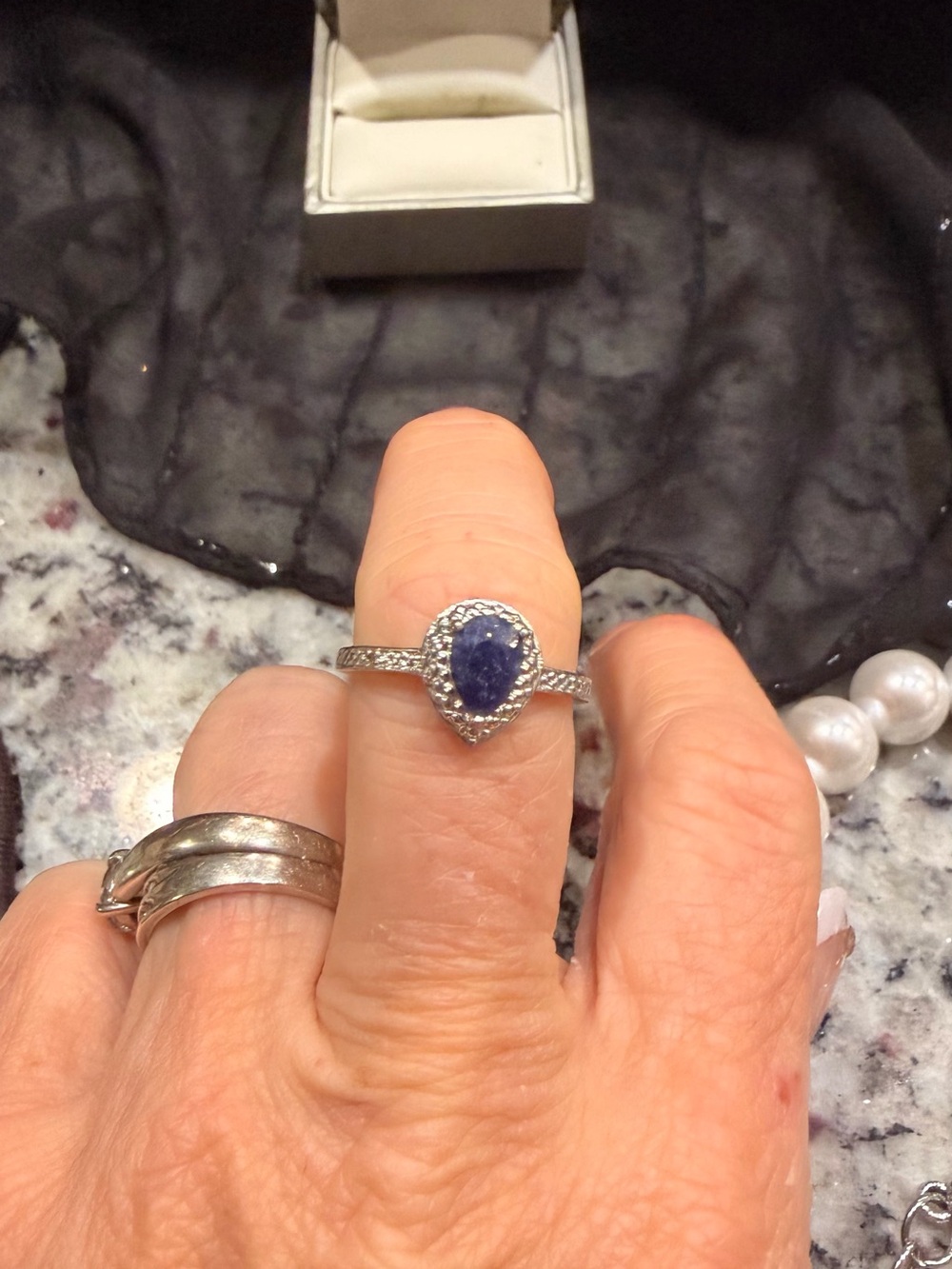 Sterling Silver Teardrop Blue Gemstone Halo Ring - Women's Jewelry
